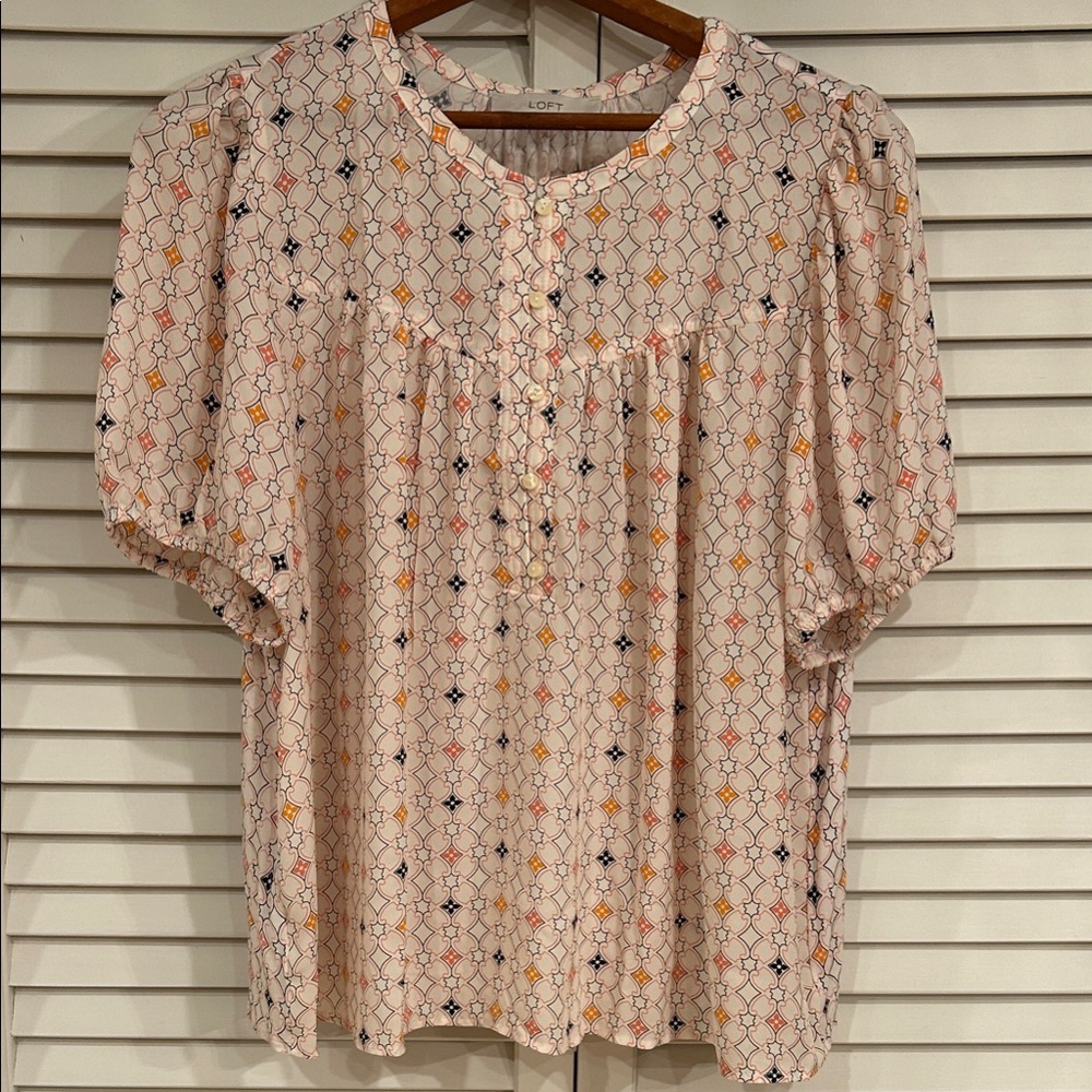 Women's Blouse w/Geo Pattern - Cream, Black, Orange -soft flowing style office